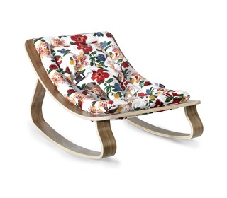 Baby Rocker LEVO in Walnut with Hibiscus Le Petit Lucas du Tertre cushion - Charlie Crane