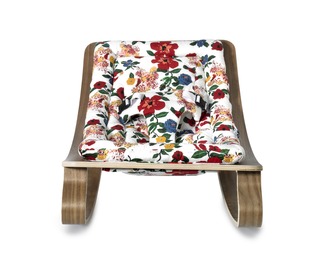 Baby Rocker LEVO in Walnut with Hibiscus Le Petit Lucas du Tertre cushion - Charlie Crane