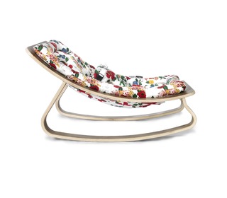 Baby Rocker LEVO in Walnut with Hibiscus Le Petit Lucas du Tertre cushion - Charlie Crane