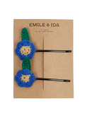 2 barrettes fines à fleurs en crochet - bleu 