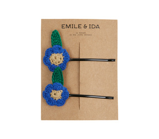 2 barrettes fines à fleurs en crochet - bleu  - Emile et Ida