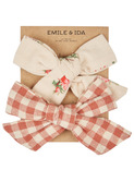 2 barrettes noeud - fleurs/vichy acajou