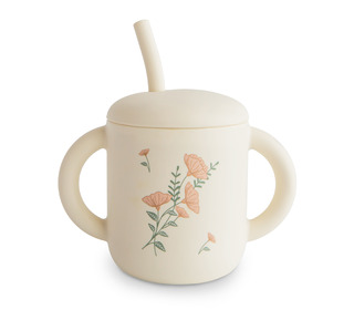 Silicone Training Cup + Straw - pink flowers - Mushie