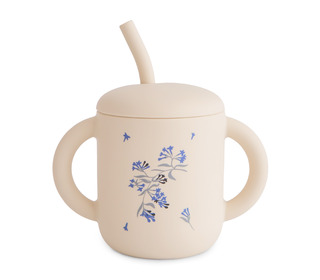 Silicone Training Cup + Straw - blue flowers - Mushie